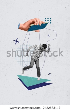 Vertical creative collage poster young man manipulated authority power controlled doll propaganda mass media domination
