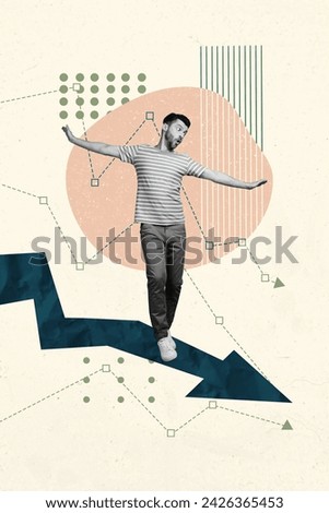 Vertical creative collage poster young man riding regression arrow go down bankruptcy money loss business failure drawing background