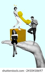 Vertical creative collage workers colleagues working together coworking remote huge telephone call discuss distance employee