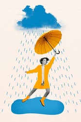 Vertical Creative Composite Abstract Photo Collage Of Satisfied Nice Girl Dancing In Rain Hold Parasol Isolated On Drawing Background