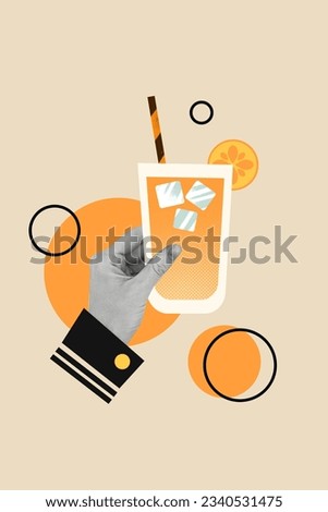 Vertical creative composite abstract photo collage of hand holding cup of fresh orange juice in cafe isolated on beige color background
