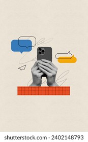 Vertical creative composite artwork photo iphone collage of arm holding smartphone write messages in chat isolated retro drawing background