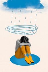 Vertical Creative Composite Illustration Photo Collage Of Sad Upset Woman Sitting In Puddle Under Rainfall Isolated On Painted Background