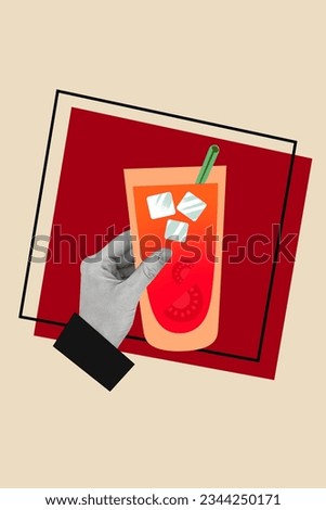Vertical creative composite illustration photo collage of hand hold red cold exotic alcohol drink isolated on pastel color background