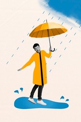 Vertical Creative Composite Photo Collage Of Optimistic Guy Wear Raincoat Hold Umbrella Walk In Rain Isolated On Painted Background