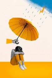 Vertical Creative Composite Photo Collage Of Arm Hold Parasol Cover Upset Depressed Woman From Rain Isolated On Drawing Background