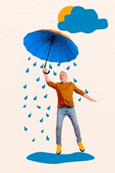 Vertical Creative Composite Photo Collage Of Cheerful Old Man Jumping Hold Umbrella In Rainy Weather Isolated On White Color Background