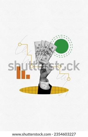 Vertical creative composite photo collage of arm of successful man ready to invest money in business isolated white color background