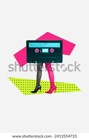 Vertical creative composite photo collage of bodyless girl retro cassette instead of body go on party isolated white color background