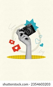 Vertical creative composite sketch photo collage of arm holding vintage camera doing photo in social media isolated painted background