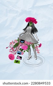 Vertical creative fantasy image collage picture psychedelic magazine weird strange girl no face glamour dress blossom drawing background