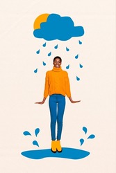 Vertical Creative Illustration Composite Photo Collage Of Ecstatic Woman Jumping On Puddle Outdoors Isolated On White Color Background