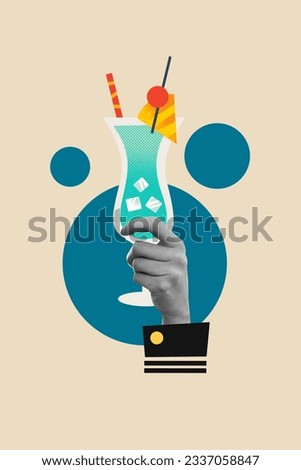 Vertical creative illustration composite photo collage of arm holding long island blue iced tea isolated on beige color background
