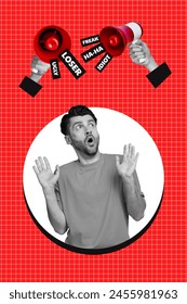 Vertical creative image collage shocked frustrated man loudspeakers bullhorns loser idiot freak hate bullying mental pressure harassment