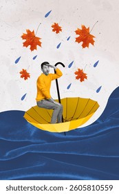 Vertical creative image of impressed guy black white gamma sitting inside umbrella swim water rainy weather flying maple leaves