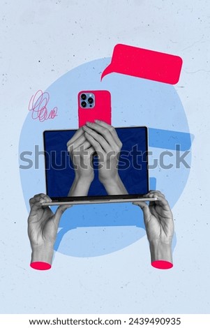Vertical creative magazine collage of hands hold macbook phone social media technology app text box internet online gadget isolated on painting background