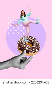 Vertical creative photo 3d collage poster picture of crazy girl refuse sweet tasty food isolated on drawing background - Shutterstock ID 2256234901
