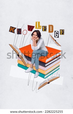 Vertical creative photo 3d collage of positive girlish woman sitting on big book reading preparing for exam isolated on drawing background