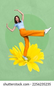 Vertical creative photo collage of astonished impressed funny careless girl standing on yellow flower isolated on green color background - Shutterstock ID 2256235235