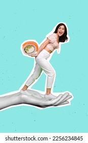 Vertical creative photo collage of excited surprised funny girl standing on arm bring sushi home deliver isolated on blue color background - Shutterstock ID 2256234845