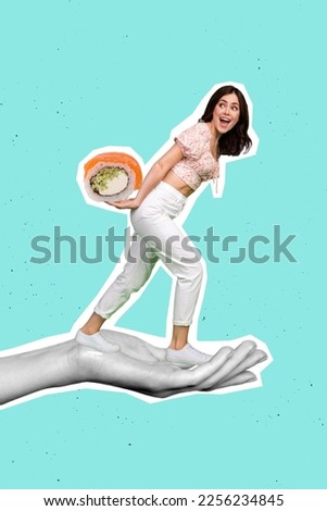 Vertical creative photo collage of excited surprised funny girl standing on arm bring sushi home deliver isolated on blue color background