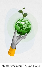 Vertical creative photo collage of human hand arm holds earth planet globe with green plant sprout concept of ecological problems care nature on drawing background