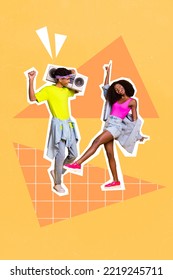 Vertical creative photo collage illustration of funny funky couple girl guy dancing have fun at party isolated on orange color background - Shutterstock ID 2219245711