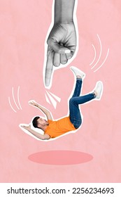 Vertical creative photo collage illustration of huge arm directing push falling impressed careless guy isolated on pink color background - Shutterstock ID 2256234693