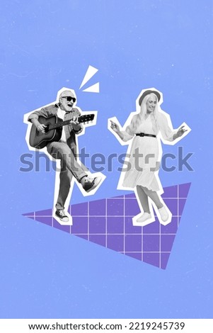 Vertical creative photo collage illustration of funny elderly people man woman dancing playing guitar isolated on blue color background