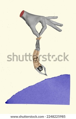 Vertical creative photo collage illustration of big hand throw in water happy positive excited man isolated on white color background