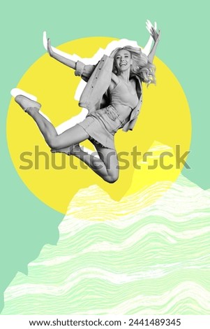 Vertical creative photo collage illustration of positive gorgeous dreamy carefree woman levitating in sky mountain sunset on background