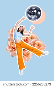 Vertical creative photo collage of positive cheerful playful girl raising hands dance with discoball isolated on blue color background - Shutterstock ID 2256235273