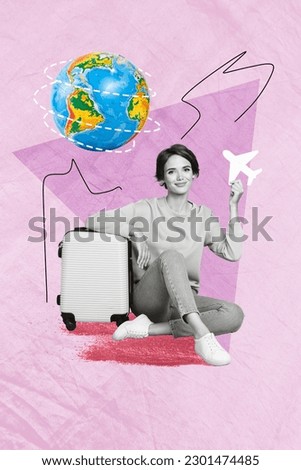 Vertical creative photo collage of satisfied young woman lean on bag hold paper plane ready for trip isolated on drawing background