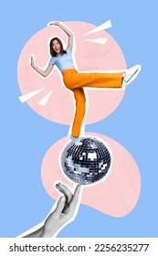 Vertical creative photo collage of shocked surprised amazed girl falling from disco ball on finger isolated on blue color background - Shutterstock ID 2256235277