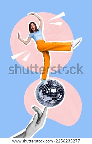 Vertical creative photo collage of shocked surprised amazed girl falling from disco ball on finger isolated on blue color background