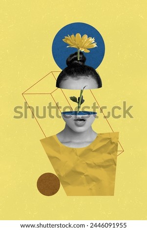 Vertical creative photo picture young girl eco friendly surreal concept flower inside head separated half blossom bloom daisy flora
