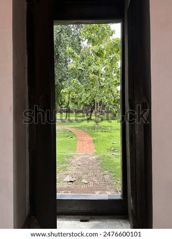 the vertical edges of the door and the threshold at the bottom, creating a natural frame that draws attention to the outdoor scene. symbolizing hope or transition from darkness to light.