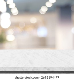 Vertical empty white table top, counter, desk background over blur abstract background, White marble stone table, shelf and blurred kitchen restaurant for food, product display mockup, template