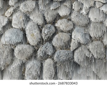 Vertical extruded column effect derived from stone — three-dimensional pixel stretch in muted greys for industrial and abstract design projects.