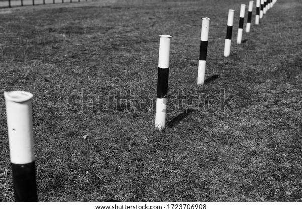 Vertical fences along the road. Black and white.\
\
Striped poles along the road divide the direction of\
travel.\
road safety\
concept.