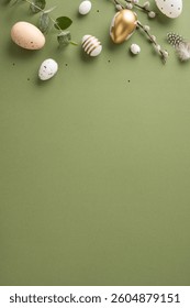 A vertical festive Easter arrangement featuring decorative eggs, greenery, and feathers on a green backdrop
