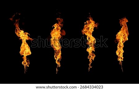 Vertical fire flames isolated on black background, burning energy and heat effect for explosion, danger, abstract texture, suitable for digital art, motion graphics, and visual effects projects.