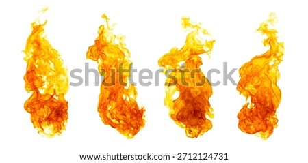 Vertical fire flames isolated on white background, burning heat and energy effect for explosion, danger, abstract texture, ideal for digital art, motion graphics, game assets, visual effects design.