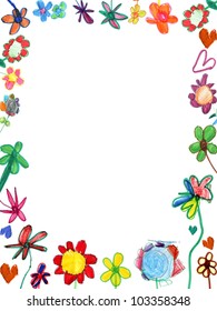 vertical flowers frame, child illustration isolated on white vertical flowers frame, child illustration isolated on white
