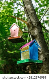 A vertical frame shows two handmade wooden bird feeders suspended by white rope loops from the limbs of a leafy forest tree. The lower one pairs bright blue walls with a magenta roof and green base; the upper wears soft pink over yellow. Sunlit canopy and mottled bark fill the scene, celebrating a completed outdoor craft that invites wild birds into the garden.