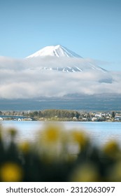 vertical fuji mountain background covered by cloud. symbol of Japan or Nippon in Asia. Spring or summer season with beautiful natural landmark in Lake Kawaguchiko near Tokyo. phone background. - Shutterstock ID 2312063097