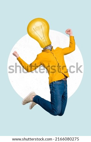 Vertical full length body size view of attractive lucky guy jumping having bulb instead if head idea isolated on blue color background