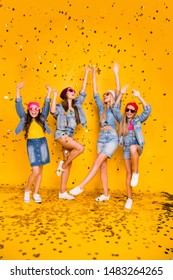 Vertical Full Length Size Body Photo Of Four Beautiful Cheerful Ecstatic Excited Positive Charming People Girlfriends Having Funky Fancy Vacation And Rest Chilling Out Isolated Yellow Background