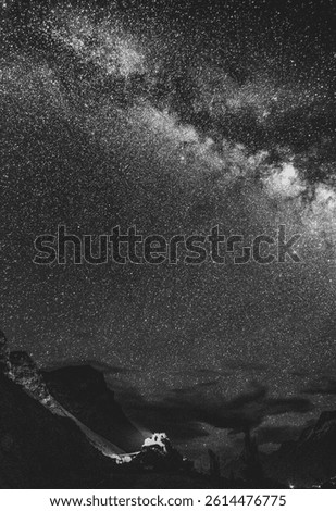 The vertical grayscale view of a stunning starry night sky in a valley