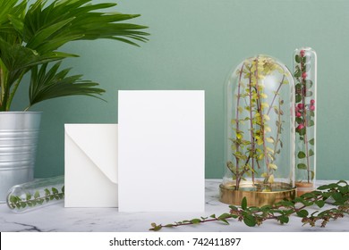 Vertical Greeting Card Standing On Table Surrounded By Plants